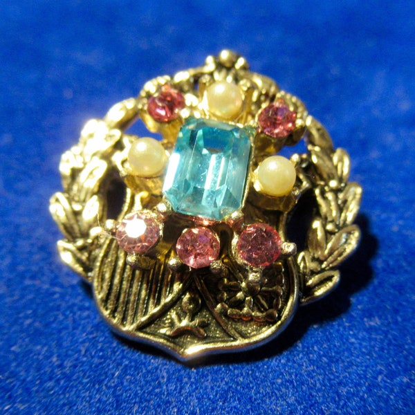 Coro Pegasus Coat of Arms Blue Topaz Rhinestone and Pearl Brooch