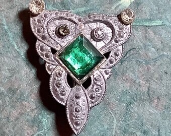 Triangular Pot Metal Large Green Rhinestone Brooch Signed Larry