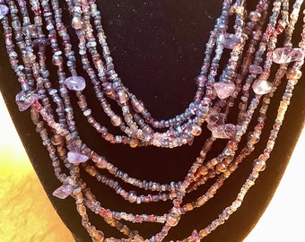 5 strand Amethyst and Seed Bead Long Necklace 41 inch