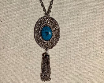 Large Turquoise Cabochon Tassel Pendant Necklace 24 inch