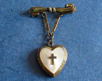 Crucifix Heart Locket Gold Filled Sterling MOP Brooch signed SHVED & COHEN