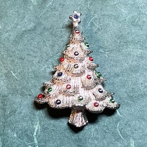 Silver Tone and Enamel Christmas Tree Brooch