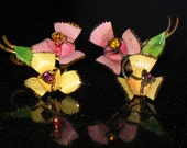 Orecchini d'epoca austriaci Wash cristallo oro e smalto floreale vite posteriori