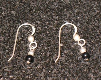 Sterling Silver Small Black Bead Simple Mini Dangle Earrings Signed 925 SU