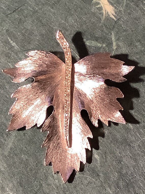 Rhinestone Maple Leaf Large Heavy Silver Tone Bro… - image 2
