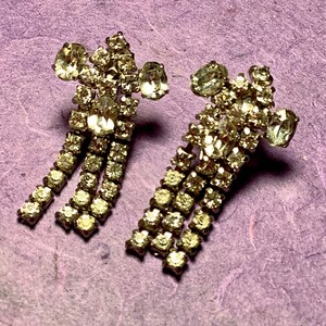 Art Deco Three Strand Rhinestone Dangle Clear Prong Set Rhinestone Screw Back Earrings