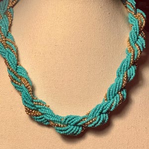 Multi Strand Turquoise and Gold Seed Bead Necklace 22 inch
