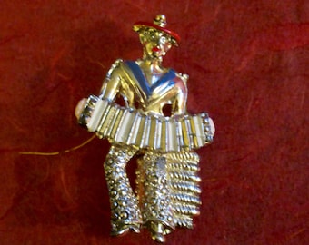 Enamel Accordion Musician with Hat Heavy Gold Tone Brooch