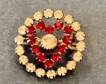 Vintage Ruby Red Rhinestone Heart Open Brooch