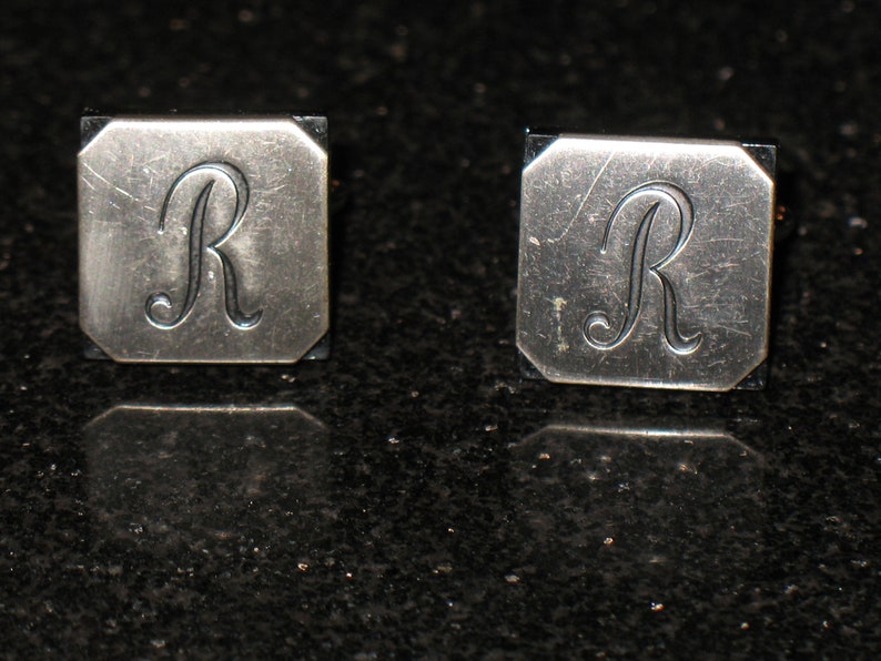 Letter R Personalized Silver and Black Initial Cuff Links Signed Swank