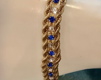 3 Strand Blue and Clear Rhinestone Cable Chain Tennis Bracelet Gold Tone 7.25 inch