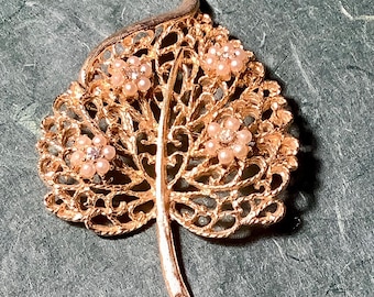Seed Pearl and Rhinestone Cluster Cutaway Leaf Heavy Gold Tone Brooch