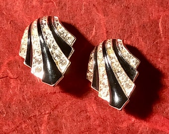 Art Deco Black Enamel Rhinestone Clip On Earrings Signed Avon