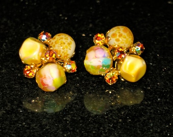 Vintage Plastic and Aurora Borealis Bead Cluster Clip On Earrings