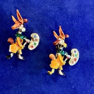 Whimsical Artist Rabbit Rhinestone Gold Tone Scatter Pins