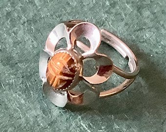Beau Sterling Egyptian Scarab Tiger Eye Cabochon Silver Ring Size 7-5
