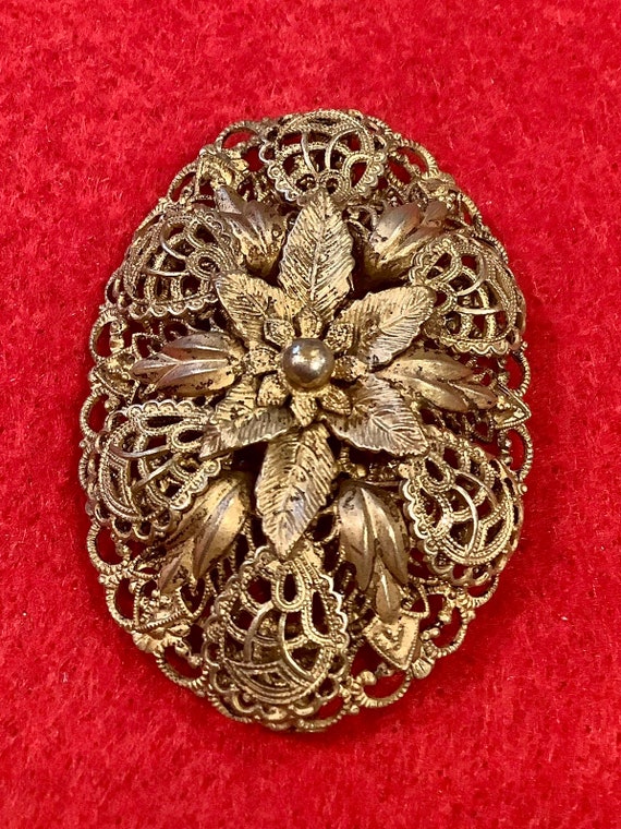 Vintage Domed Pressed Filigree Metal Floral Brooch - image 2