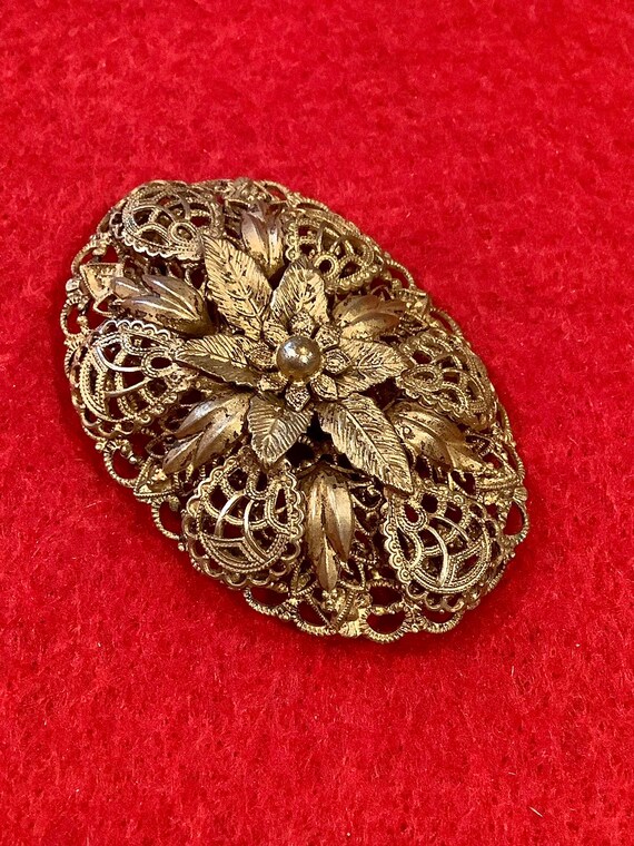 Vintage Domed Pressed Filigree Metal Floral Brooch - image 3