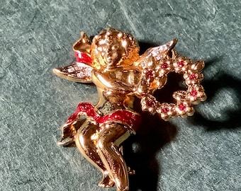 Swarovski Cherub with Wreath Gold and Rhinestone Brooch