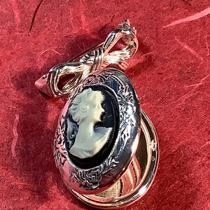 Cameo Locket Silver Tone Dangle Brooch