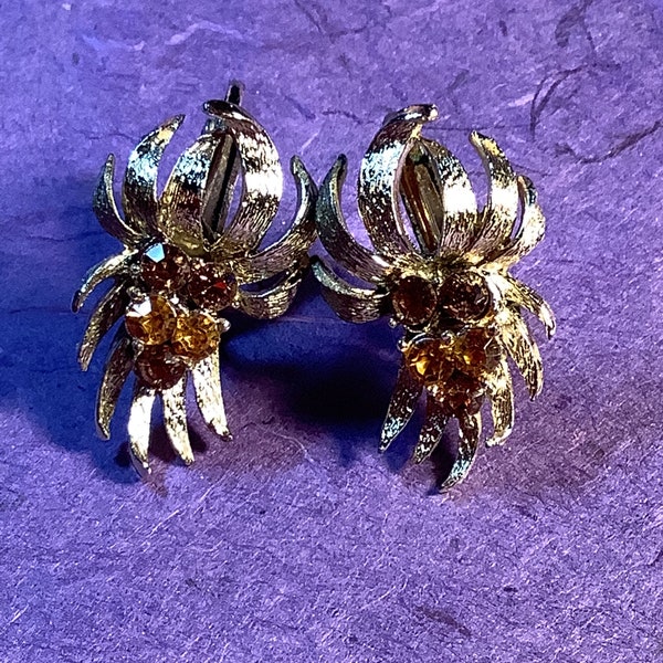 Vintage Coro Orange Rhinestone Floral Leaf Earrings