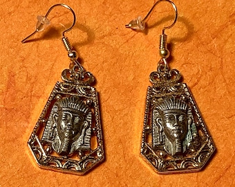 Vintage Egyptian Pharaoh Sarcophagus Figural Drop Earrings signed Art