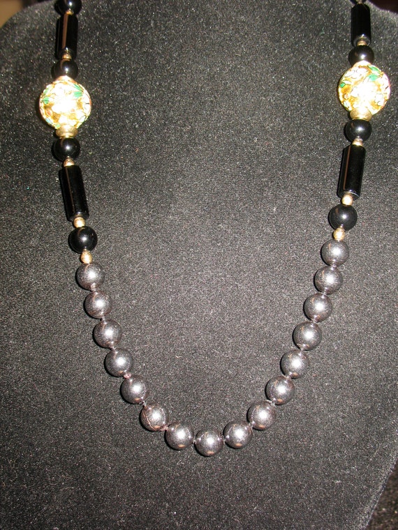Large Cloisonné and Hematite 10k Gold Filled Bead Nec… Gem