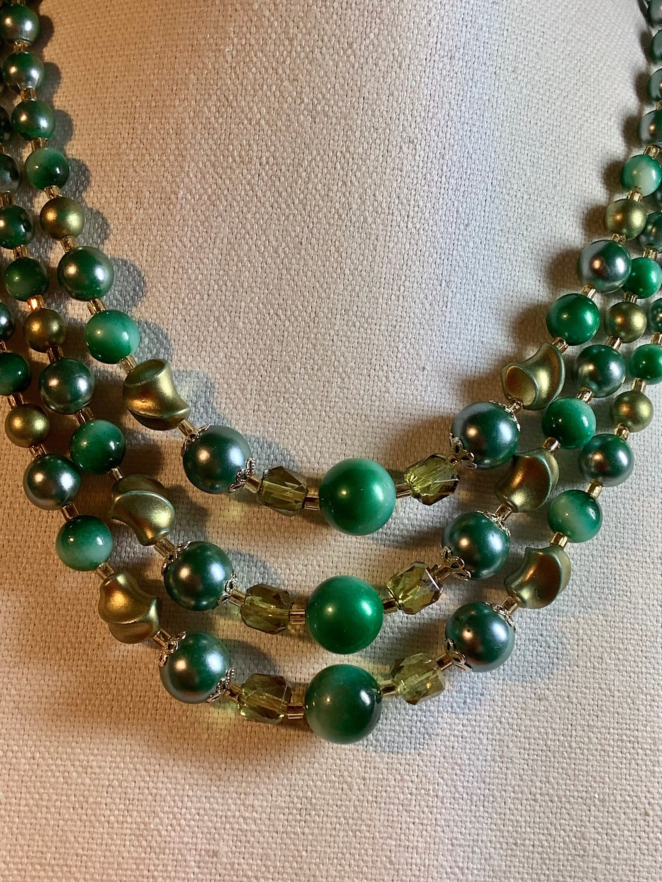 Vintage Japan 3 Strand Large Green Bead Bib Necklace - Etsy