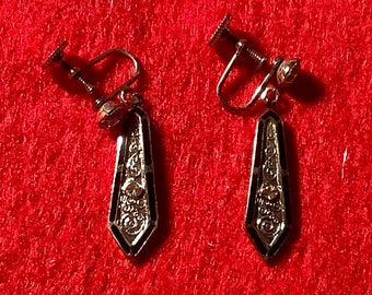 Boucles D'oreilles Vintage Art Déco En Argent 925 - Strass Et émail Noir - Occasion