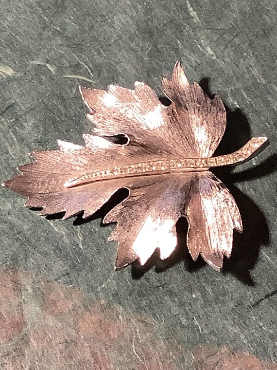 Rhinestone Maple Leaf Large Heavy Silver Tone Bro… - image 3
