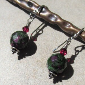Ruby Zoisite, Swarovski Crystal and Sterling Silver Earrings, under 50, for her, for women, under 40, green, semiprecious, pink, green