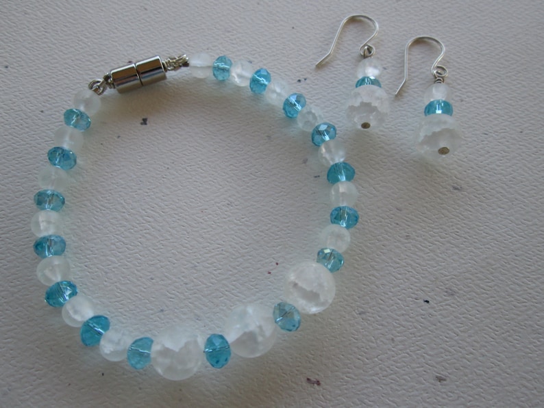 Stone Bracelet and Earrings Set Beads for Bridesmaids gifts under 25 Matte Quartz /& Blue Chinese Crystals