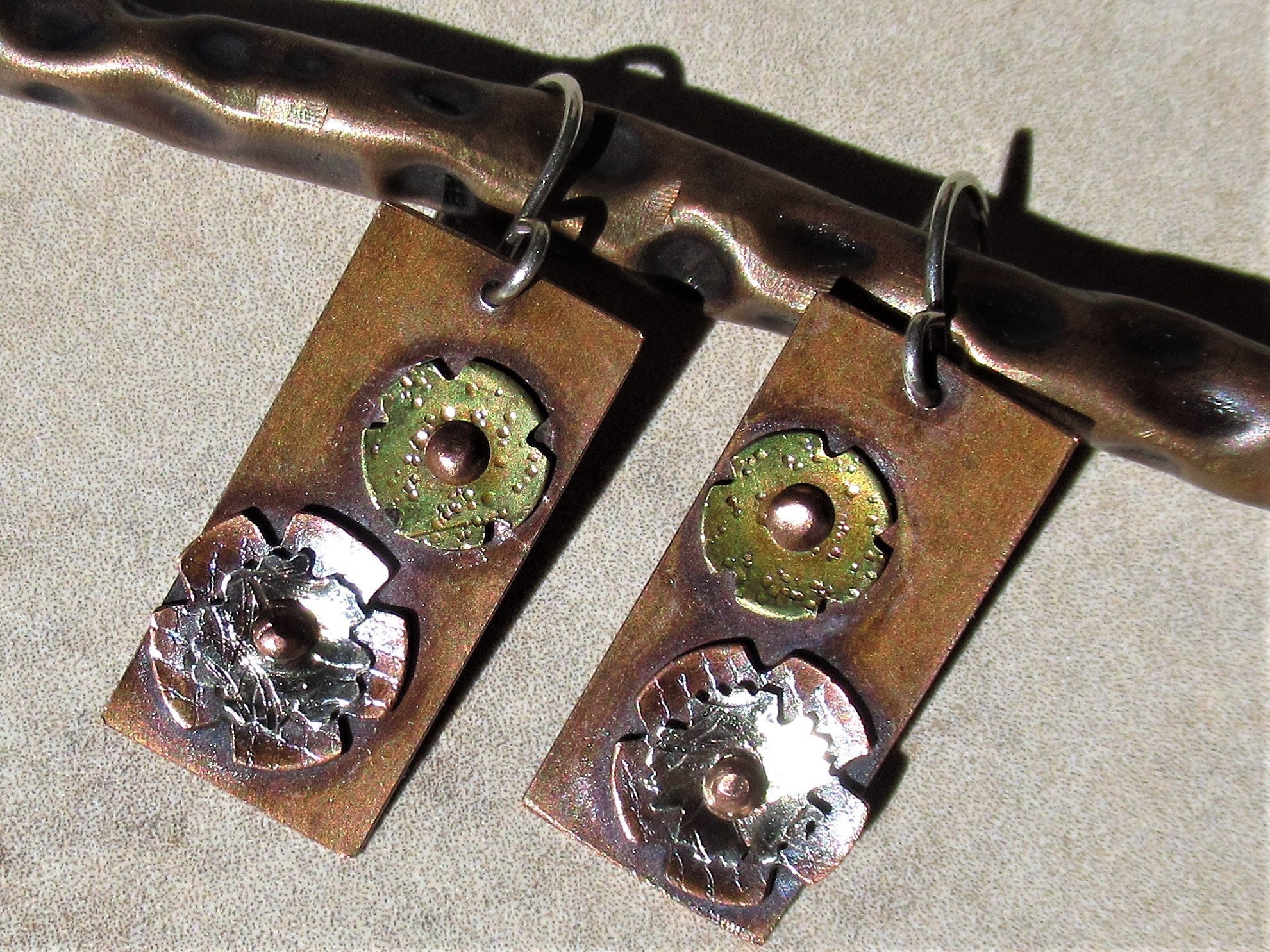 3D Flower Earrings: Mixed Metal Riveted Brass Copper, Sterling Silver Wires