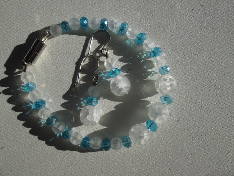Stone Bracelet and Earrings Set Beads for Bridesmaids gifts under 25 Matte Quartz /& Blue Chinese Crystals