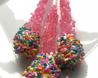 12 Bright Pink Rock Candy Sugar Sticks Sprinkles  Sweets Table Birthday Party Favors Baby Shower Unicorn Circus Gluten Free