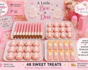 12 Little Boo Is Due Dessert Table Set | Ghost Baby Shower Treats | Pretzel Rods, Mini Donuts, Oreos & Vanilla Wafers | 48 Treats