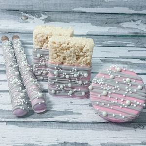 Pink Grey Gray Pearl  Birthday Party Sweets Table Set Chocolate Covered Pretzels Rice Krispie Crispy Krispy Treats Oreos