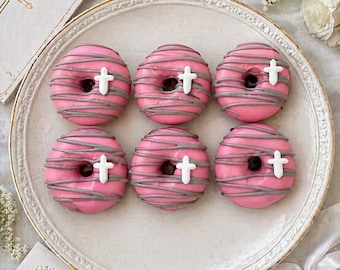 12 Pink Baptism Mini Donuts, Christening Donuts with Cross, Religious Baby Shower Treats, First Communion Donuts, Pink Grey Dessert Table