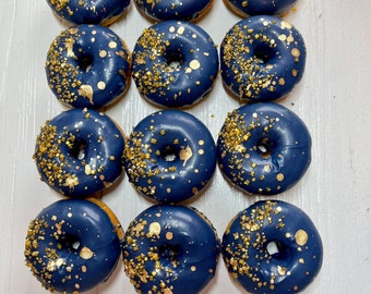 12 Gold and Navy Blue Mini Donuts Sweets Table Wedding Favors Birthday Party Bridal Baby Shower