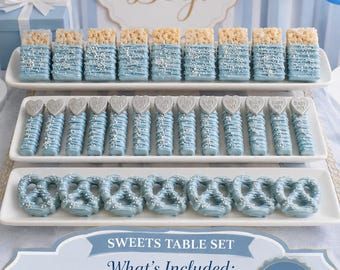 Baby Boy Baby Shower Treats Bundle, 12 Rice Krispies, 12 Vanilla Wafers, 12 Pretzel Twists, Oh Boy Dessert Table Set, 36 Pieces