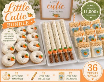 36 Little Cutie Baby Shower Treats | 12 Mini Donuts, 12 Pretzel Rods & 12 Rice Krispie Treats | Orange Dessert Table Bundle