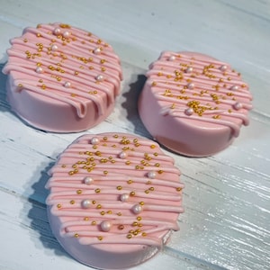 1 Dozen Baby Pink Gold Oreos Chocolate Covered Oreo Party Favors Sweets Table wedding Anniversary  Corporate Baby Shower Birthday Party