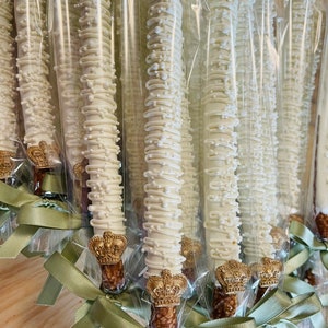 12 White Chocolate Pearl Gold Crown Covered Pretzels Birthday Party Baby Shower Bridal Sweets Table Wedding Anniversary Corporate Event