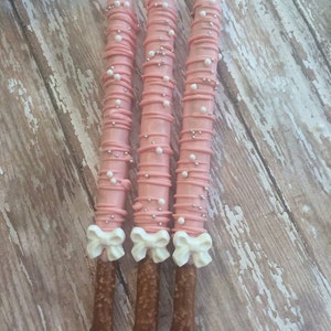 12 Blush Pink White Bow Pearl Pretzels Wedding Favors Princess Birthday Party Treats Baby Bridal Communion Baptism Sweets Table Candy Buffet