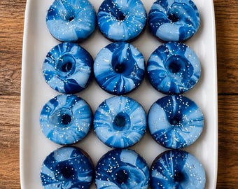 12 Blue Galaxy Mini Donuts, Outer Space Birthday Party Treats, Two The Moon Baby Shower Dessert Table Favors Space Theme