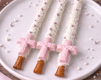 12 White Pink Chocolate Cross Pretzel Rods – Baptism Communion Confirmation Religious Party Favors Confirmation