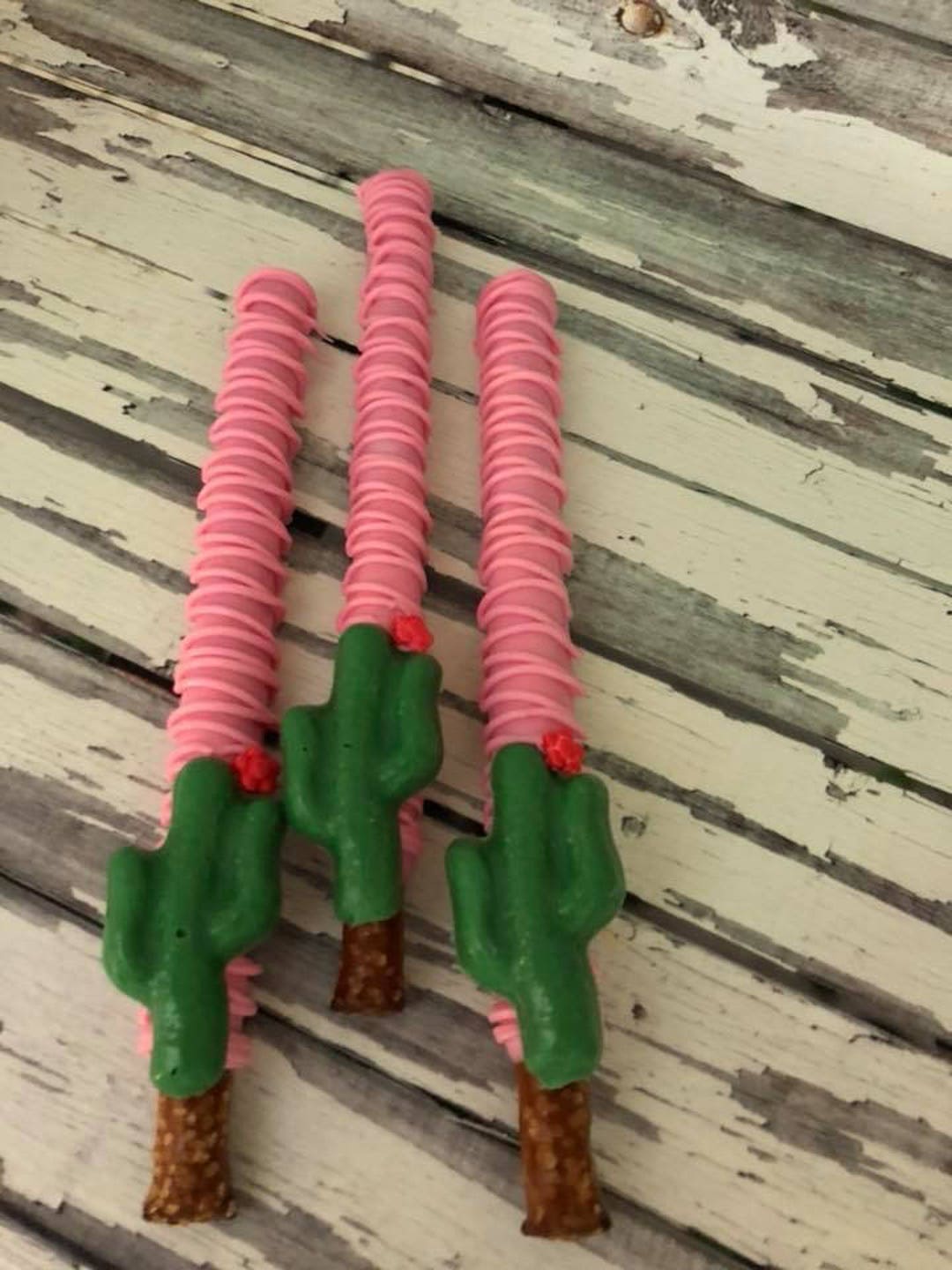 12 Cactus Pink Green Chocolate Covered Pretzels Sweets Table Treats Birthday Party Favors Cacti