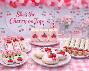 Cherry Dessert Party Set – 12 Nutter Butters 12 Strawberry Wafers 12 Rice Krispies 12 Mini Donuts 12 Pretzels – Baby Shower Dessert Table