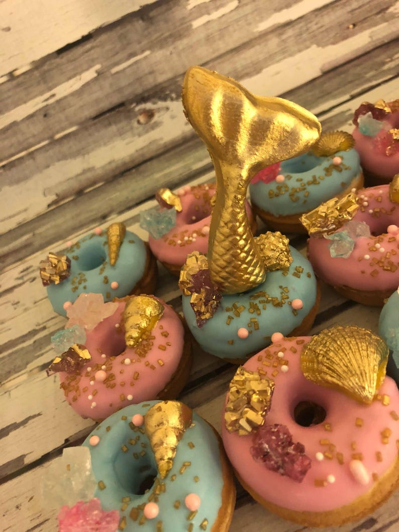 12 Beach Mermaid Theme Party Sweets Table Treats Sea Shell Mini Donuts Birthday Party Baby Bridal Wedding Shower Favors image 3