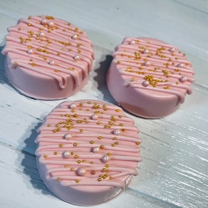 12 Rose Gold and Pink Chocolate Covered Oreo Oreos Sweets Table Wedding Favors
